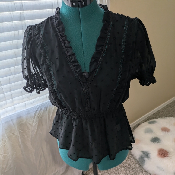 Love Tree Tops - Office Siren Black Polkadot Ruffled Sheer Blouse